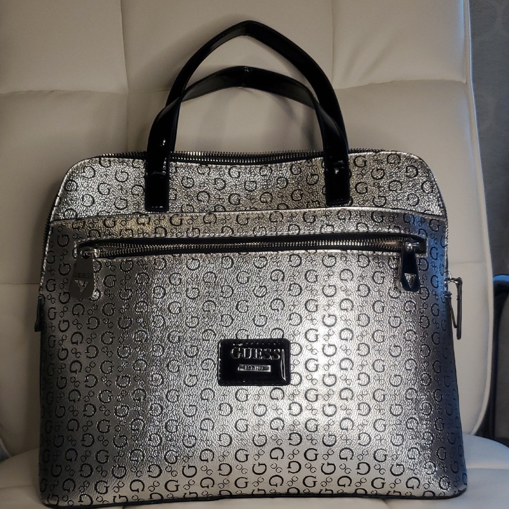GUESS Metallic Silver Monogram Tote